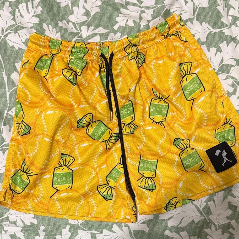 Kids' Yellow Candy-Print Athletic Shorts with Green Accents - Picture 1 of 2